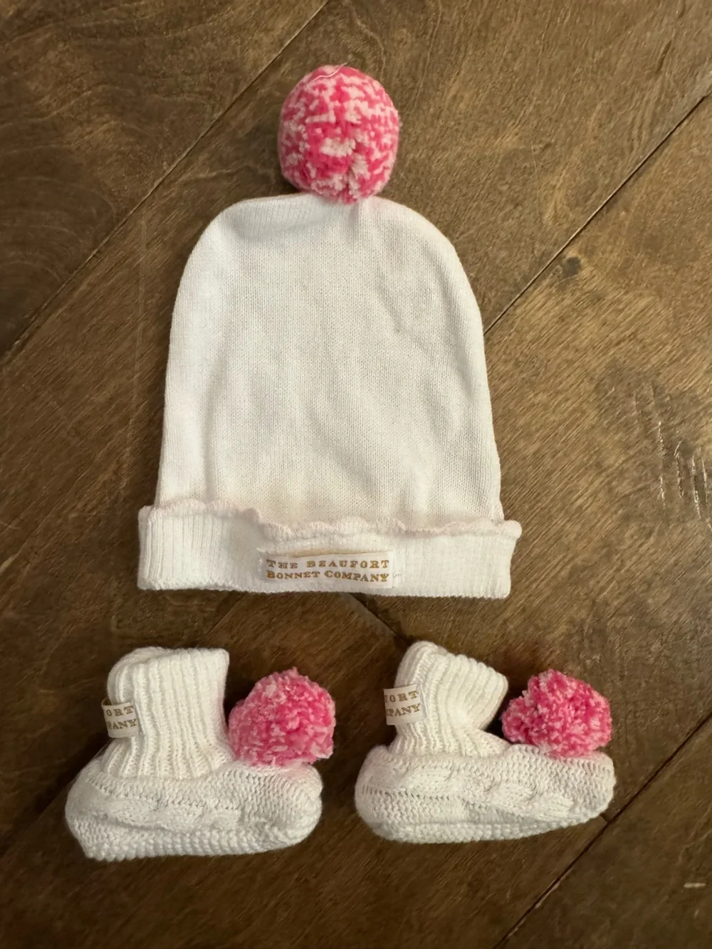The Beaufort Bonnet Company Baby Hat & Booties Pink Pom Pom Set TBBC